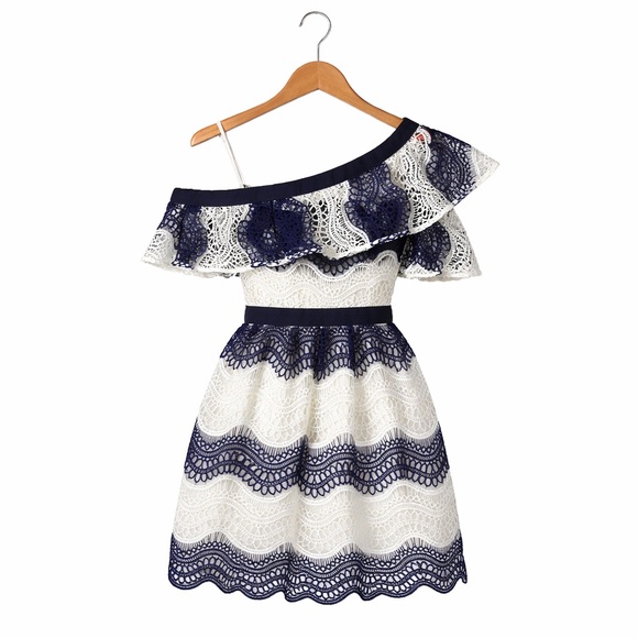 Self-Portrait Navy & White Lace Off-Shoulder Mini Dress UK 6 US 2 - Picture 5 of 9